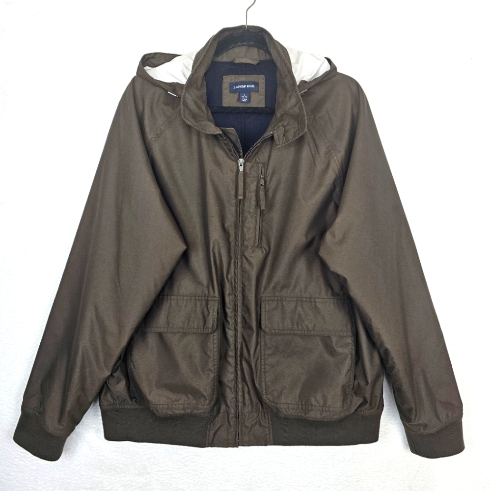 Lands' End Mens Hooded Bomber Jacket Sz L 42-44 Full-Zip Brown